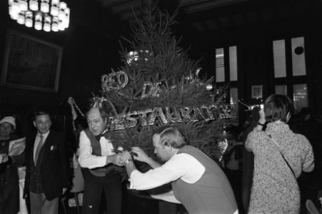 Kerstboom voor personeel restauratie van Amsterdams Centraal Station door reizig, Bestanddeelnr 931-8694