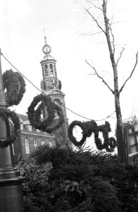 Kerstbomen in Amsterdam Kerstbomen met op de achtergrond Munttoren, Bestanddeelnr 913-2589