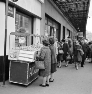 Klanten bij een kraam met sinaasappels in de Rue Saint Honoré, Bestanddeelnr 254-0382