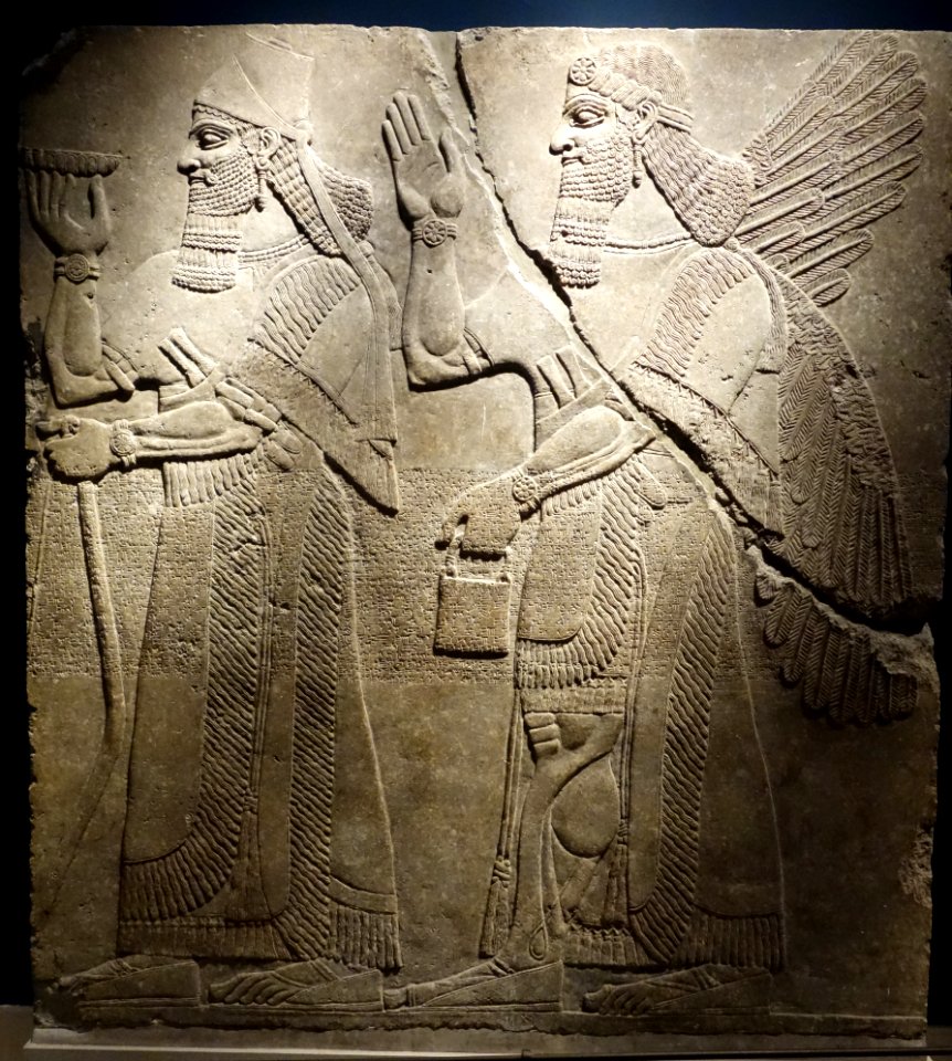 King Ashur-nasir-pal II and a Winged Genie - Room H, Northwest Palace, Nimrud (Kalhu), Iraq, Neo-Assyrian Period, reign of Ashur-nasir-pal II, c. 883-859 BC, alabaster - Brooklyn Museum - Brooklyn, NY - DSC08618