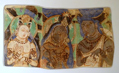 King Ajatasaru, His Queen, and His Minister Varshakara, Kizil, Maya Cave, (Cave 224), c. 251-403 AD, wall painting - Ethnological Museum, Berlin - DSC01710