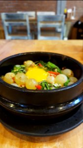 Ka-phrao riu-kiu (basil fried giant catfish eggs) with rice & egg, Bangkok, 2018-12-21 (1)