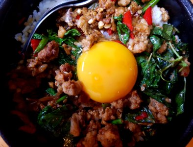 Ka-phrao mu (basil fried minced pork) with rice & egg, Bangkok, 2017-11-07 (5)