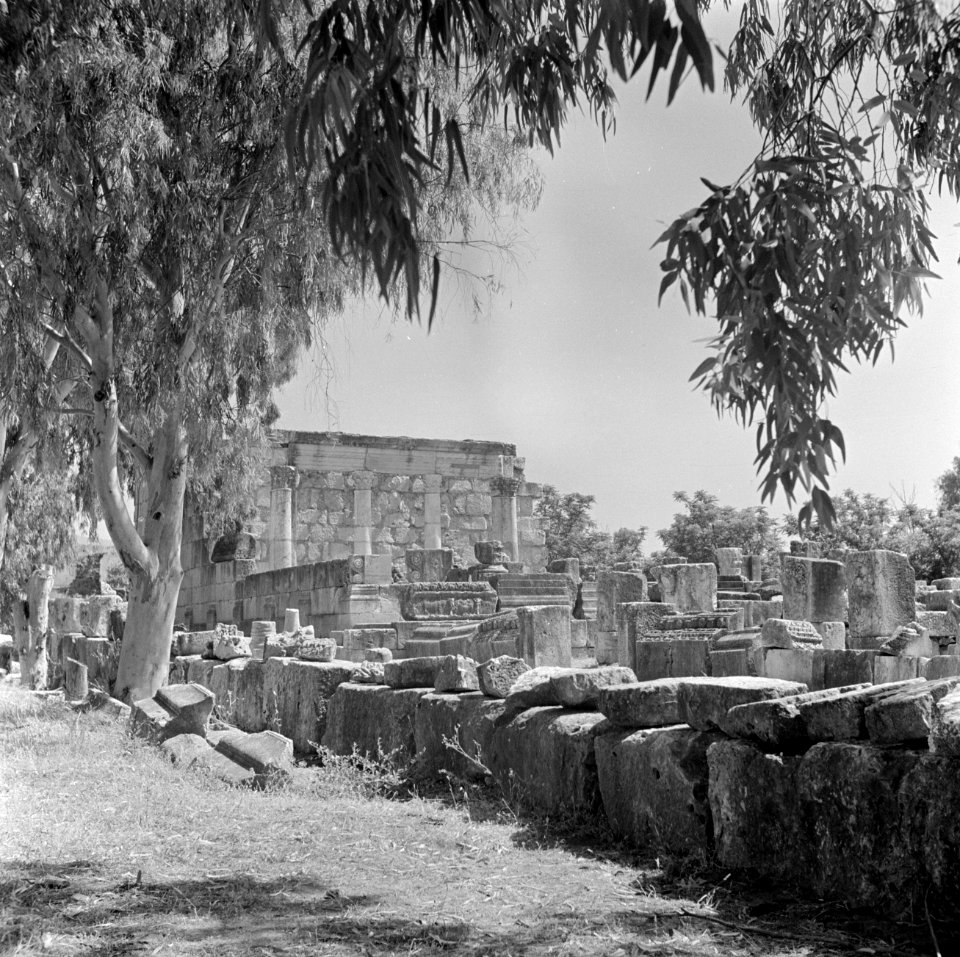 Kapernaum. Gezicht op de gedeeltelijk gereconstueerde synagoge uit de derde eeuw, Bestanddeelnr 255-1531