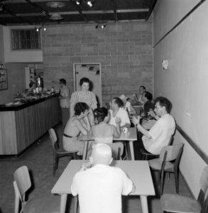 Kantine met leden van het toneelgezelschap Habima met gezicht op de bar, Bestanddeelnr 255-4537