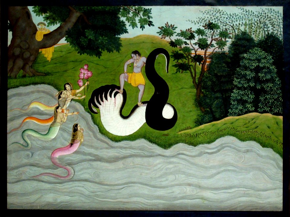 Kaliya's wifes and Krishna. Kangra c.1785-90. Painting of India