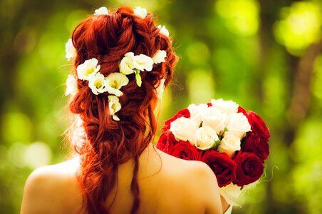 Red hair red roses floral wreath photo