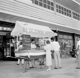 Kar met opschrift 'De Gezonde Apotheek' met Hollandse Nieuwe in Paramaribo, Bestanddeelnr 252-4884