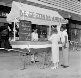 Kar met opschrift 'De Gezonde Apotheek' met Hollandse Nieuwe in Paramaribo, Bestanddeelnr 252-4886