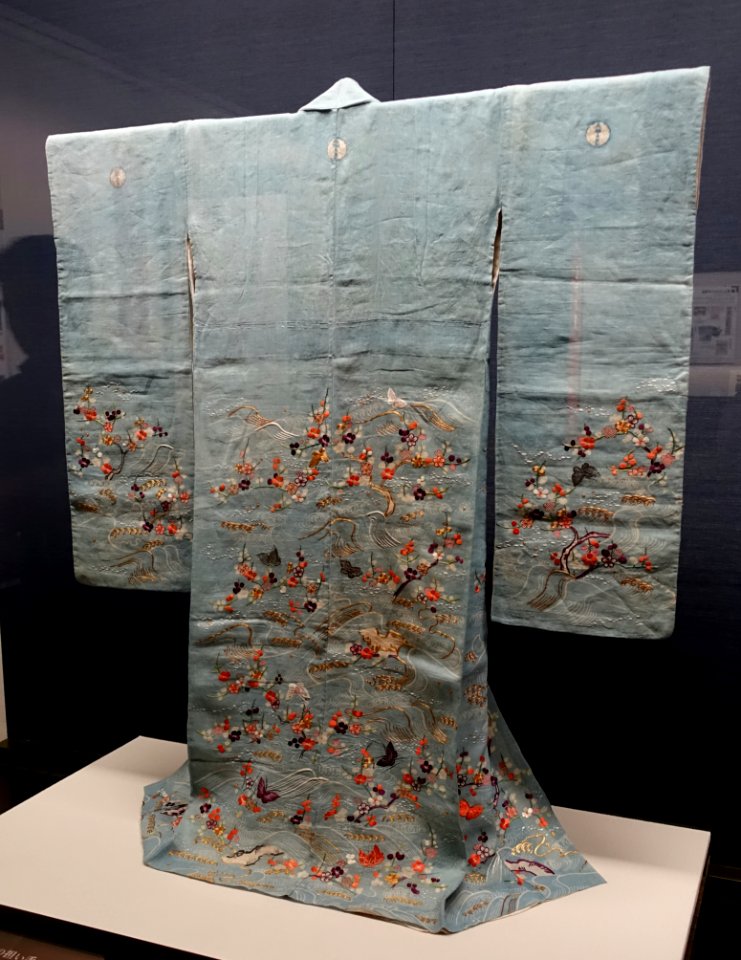 Katabira (single layer kimono) in pale blue-green hemp with wave, plum tree, and butterfly design, 1746-1841 AD - Edo-Tokyo Museum - Sumida, Tokyo, Japan - DSC06780