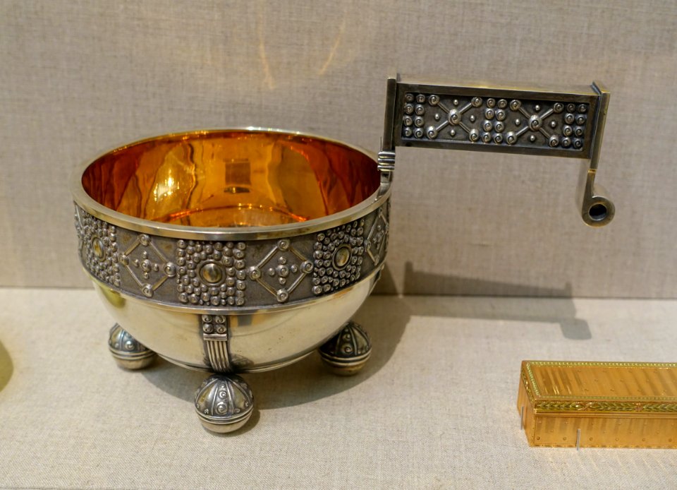 Kovsh with fitted liner, Peter Carl Faberge, Russia, Moscow, 1896-1908, oxidized silver, silver gilt interior - California Palace of the Legion of Honor - San Francisco, CA - DSC02919