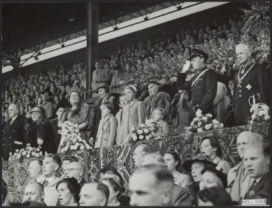 Koninklijk huis, prinsessen, koninginnen, prinsen, stadions, publiek, optochten,, Bestanddeelnr 019-0364
