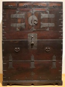 Korean storage chest (chonju bandaji), late 19th century, elm, oak, pine and metal, HAA