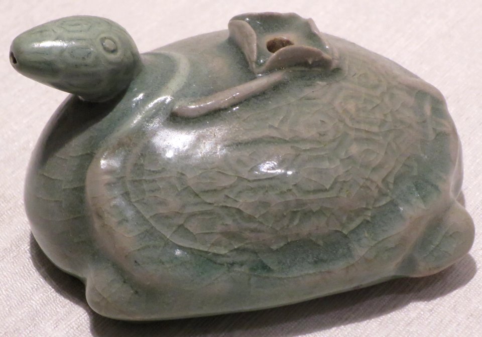 Korean water dropper in shape of a turtle, 12th-13th century, porcelain with design under celadon glaze, Dayton Art Institute