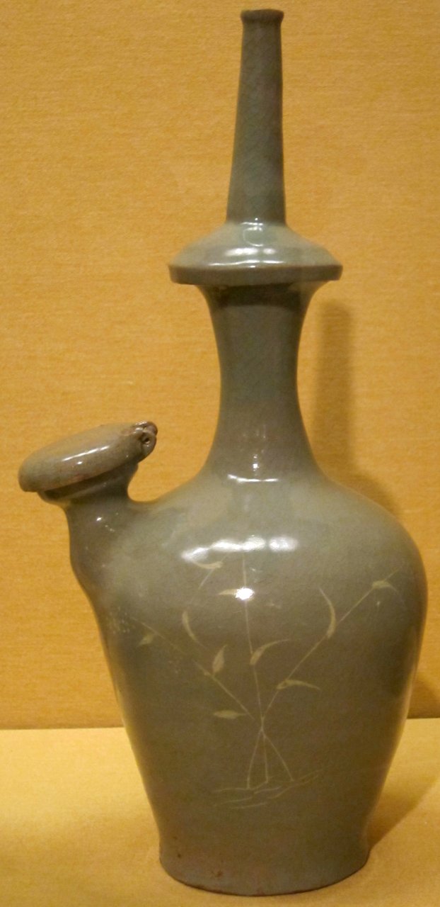 Korean kundika, Koryo dynasty, late 12th century, stoneware with celadon glaze and white slip inlay, HAA