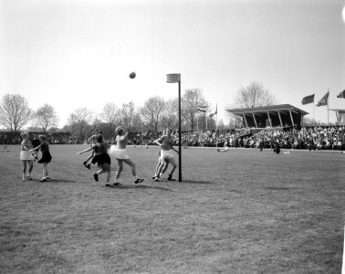 Korfbal Nederland tegen Belgie in Wagner Stadion Amstelveen Speelmoment, Bestanddeelnr 915-1957