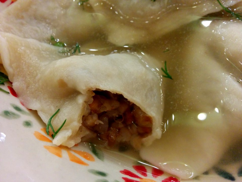 Kundumy, apparently a 19th century dish revived by V.V. Pokhlebkin. Stuffed with buckwheat and mushroom, in mushroom soup - 2