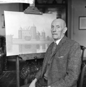 Kunstschilder J Hower Droeze 85 jaar voor een van zijn werken het Muiderslot, Bestanddeelnr 913-6795