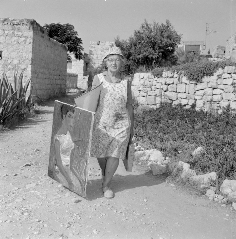 Kunstenaarskolonie Ein Hod. Een leerlinge van een schildersklas met een schilder, Bestanddeelnr 255-2761