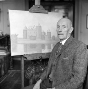 Kunstschilder J Hower Droeze 85 jaar voor een van zijn werken het Muiderslot, Bestanddeelnr 913-6798