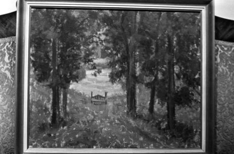 Kunstveiling in gebouw van Mak van Waay te Amsterdam kijkdag schilderij Hek in, Bestanddeelnr 922-1271