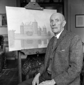 Kunstschilder J Hower Droeze 85 jaar voor een van zijn werken het Muiderslot, Bestanddeelnr 913-6796