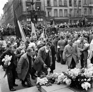 Kranslegging door bevrijde Franse politieke gevangenen op het graf van de Onbeke, Bestanddeelnr 900-2600