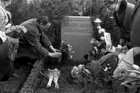 Kranslegging voor Auschwitz-slachtoffers op Nieuwe Oosterbegraafplaats te Amster, Bestanddeelnr 926-1856