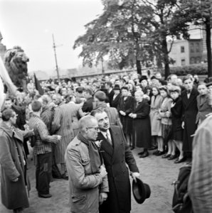 Kranslegging door bevrijde Franse politieke gevangenen op het graf van de Onbeke, Bestanddeelnr 900-2606