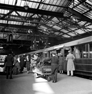 Kruier vervoert bagage over het perron van Waverley Station, Bestanddeelnr 254-3518