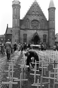 Kruisen geplaatst op het Binnenhof ter herinnering aan de grote vredesdemonstrat, Bestanddeelnr 933-1306
