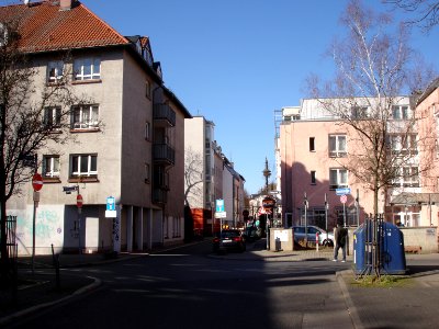 Kreuzung Frankfurt-Bockenheim. Kleine-, Große Seestraße und Mühlgasse, Nachkriegsbebauung