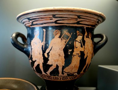 Komos procession, Attic red-figure bell-krater, by The Painter of London F 1, 400-380 BC - Museo Gregoriano Etrusco - Vatican Museums - DSC01006