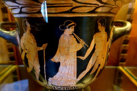 Komos (two youths and flute-player), inv. 170, bell krater, Christie Painter, c. 440 BC, ceramic - Musei Capitolini - Rome, Italy - DSC05909
