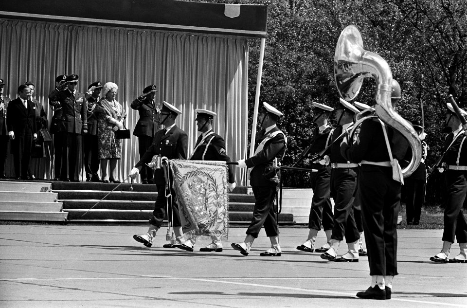 Koningin geeft vaandel aan Luchtmacht, defile met vaandel, Bestanddeelnr 917-7918