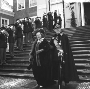Koningin Juliana en prins Bernhard dalen de trappen af, Bestanddeelnr 919-9596