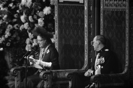 Koningin Juliana leest de troonrede voor in de Ridderzaal rechts prins Bernhard, Bestanddeelnr 924-9557