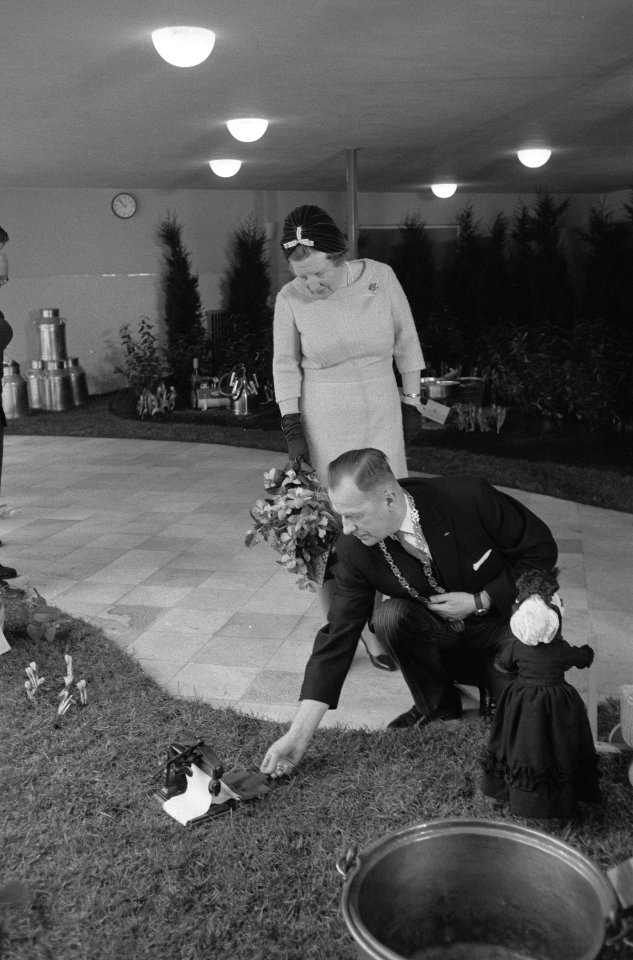 Koningin Juliana met de burgemeester van Maasland, FJ Groot Enzerik, Bestanddeelnr 912-0192