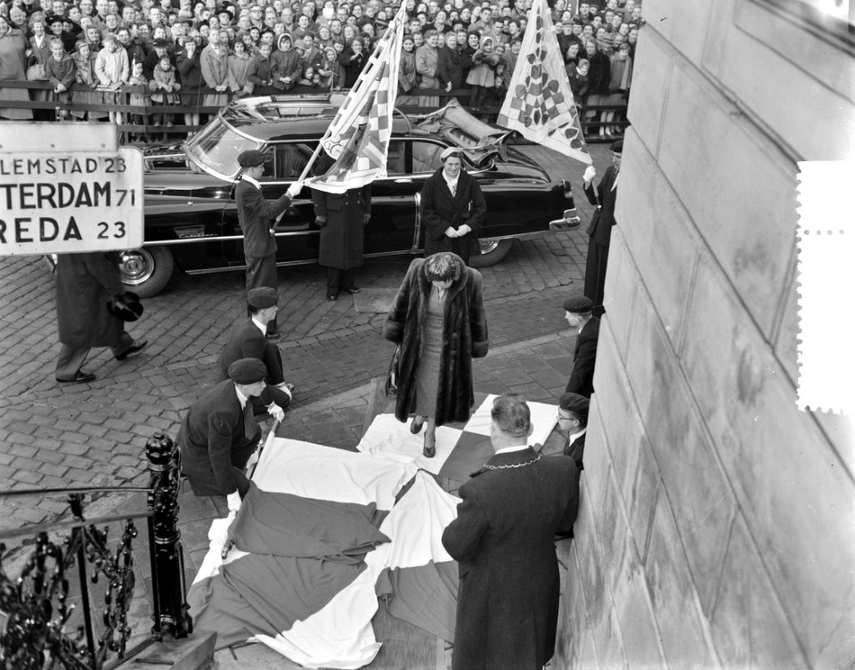 Koningin Juliana loopt over de vendels vlaggen naar het stadhuis, Bestanddeelnr 907-5126