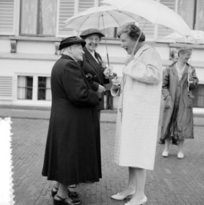 Koningin Juliana in gesprek met enkele deelnemers, Bestanddeelnr 911-3987