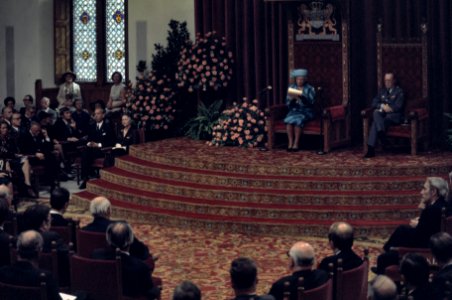 Koningin Juliana leest de troonrede voor, naast haar prins Bernhard, Bestanddeelnr 254-9599