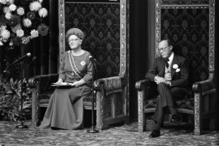 Koningin Juliana leest de troonrede, rechts van haar prins Bernhard, Bestanddeelnr 929-3548