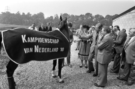 Koningin Beatrix en prins Claus op bezoek bij de stoeterij van dhr. J. Hendriks, Bestanddeelnr 931-6449