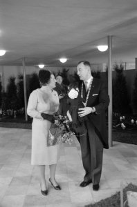 Koningin Juliana met de burgemeester van Maasland, FJ Groot Enzerik, Bestanddeelnr 912-0191