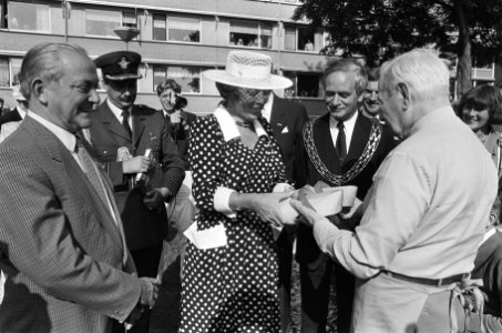 Koningin Beatrix bezoekt Oost Overijssel aanbieden klompen door 91-jarige klom, Bestanddeelnr 933-4053
