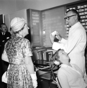Koningin Juliana krijgt uitleg van een tandarts, Bestanddeelnr 911-3949