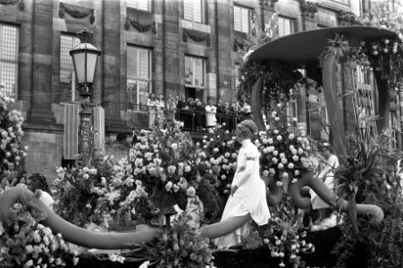 Koningin Juliana en prinses Gracia van Monaco kijken naar bloemencorso vanaf bal, Bestanddeelnr 925-8836