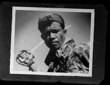 KNIL strijder in camouflage-uniform met geheven blanke sabel, Bestanddeelnr 8562