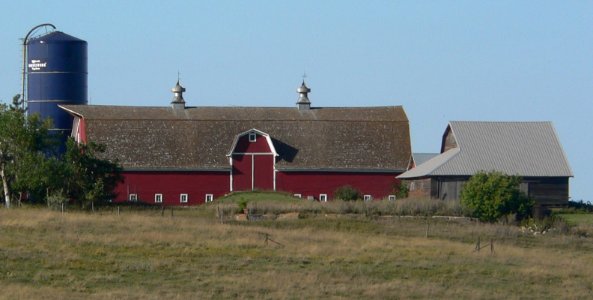 Knapp Ranch from SSW, Harvestore, Big Barn, and granary