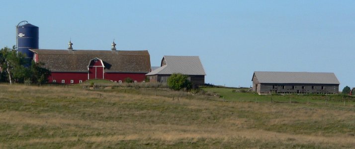 Knapp Ranch from SSW, Harvestore, Big Barn, granary, and sheep shed